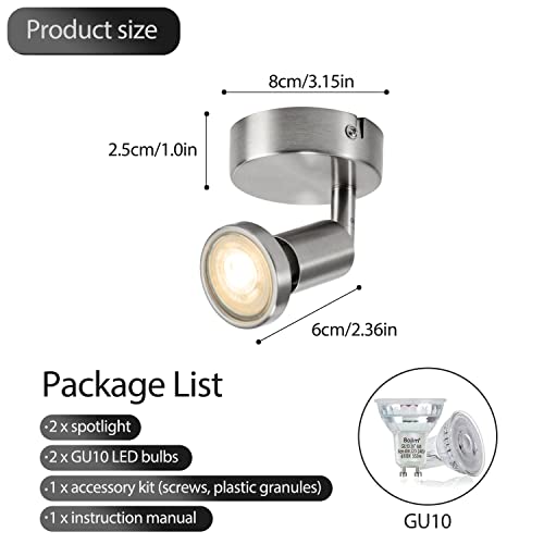 Bojim Plafonnier 1 Spot LED Orientable 2 Pack, Spots de Plafond Pivotants & Mats, Applique Murale Interieur pour Salle de Bain, Salon, Cuisine, 2 Ampoules LED GU10 incl (6W, 550lm, 2700K Blanc Chaud) - Image 3