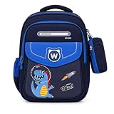 Mochila Escolar Infantil, Sereia e Dinossauro, com Estojo Removível, Alças Acolchoadas, Bolsos Laterais (Azul)