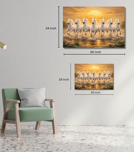 Image of KALPANIK Seven Running Horses With Sunrise Canvas Wall Painting | Vastu 7 White Horses Wall Art for Home Decor | White Running Horses Big Size 7 Horses Vastu Artwork (26x18 Inch, Framed - SMALL)