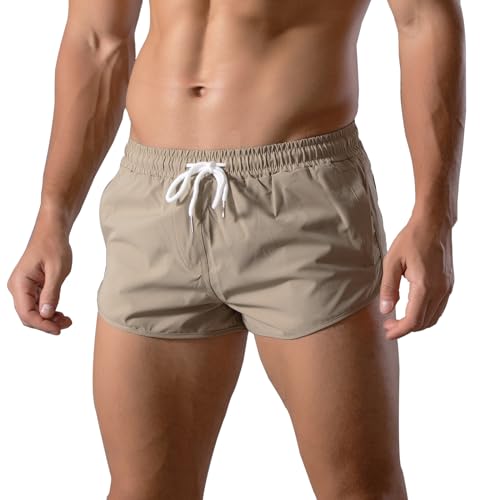 GENEMEN Mens Running Shorts 3 Inch Gym Short Shorts Quick Dry Athletic Workout SweatShorts with Pockets (Khaki, XL)