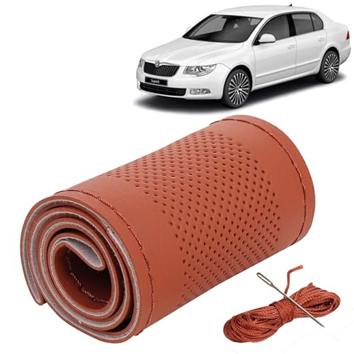 Image of KINGSWAY PU Leatherite Car Steering Cover Sewable Compatible with Skoda Superb (Year 2008-2015), Tan Color with Tan Thread, Pack of 1 with Sewing Needle and Thread