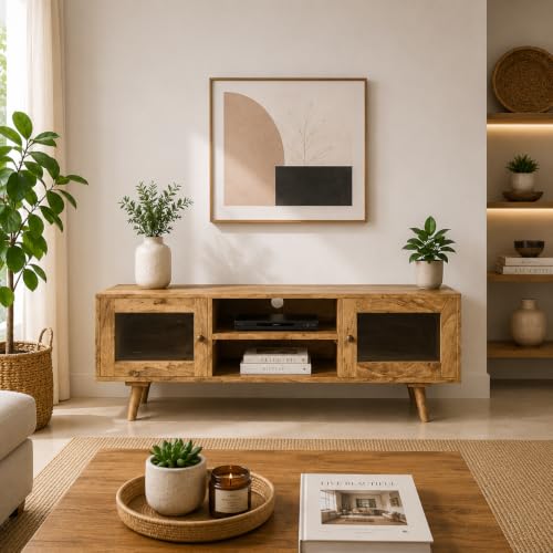 Image of The Attic Janah TV Cabinet, Solid Wood Sideboard TV Cabinet for Living Room, Wooden Free Standing TV Unit Side Board Table with Storage, Natural Matte Finish Glass