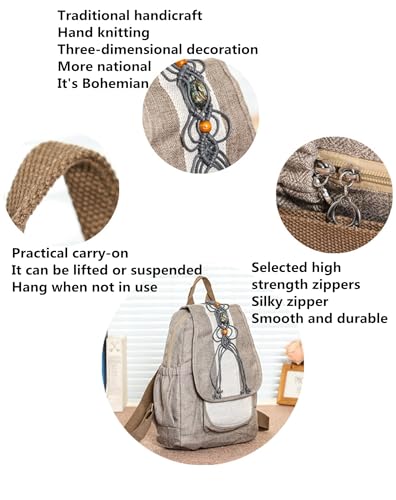 Image of Women's Cotton Hemp Cloth Backpack | Boho Vintage, Embroidered, Casual Purse Handbag, Messenger Bag, Braided Rope