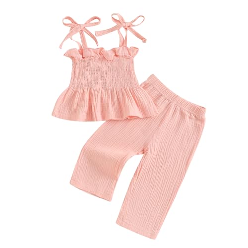 Honganda Toddler Baby Girl Summer 2Pcs Outfit Set Sleeveless Ruffle Crop Top with Cotton Linen Pants Solid Color Clothes (Pink, 2-3 Years) -  HGD-JDd9dObBJB5