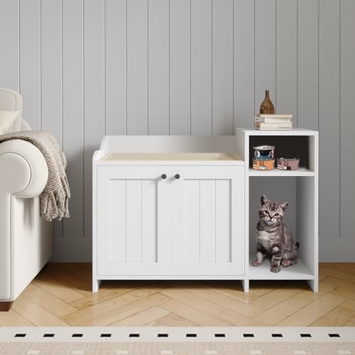 GarveeHome Cat Litter Box Enclosure with Storage Shelve Adn Wooden Barn Door, Hidden Litter Box Cabinet, End Table Style Indoor Cat House Fits Most Litter Boxes White