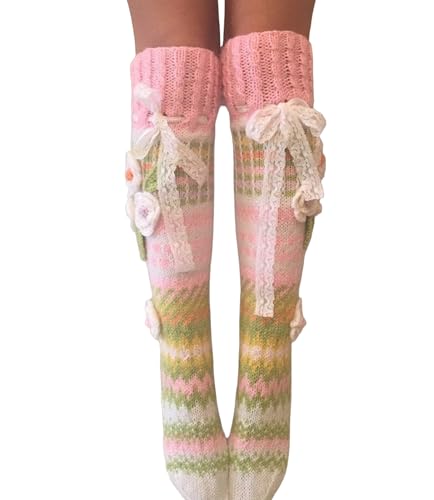 Women Crochet Knee High Socks Y2k 3D Flower...