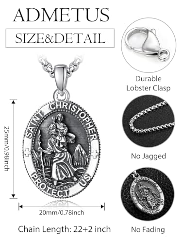 ADMETUS 925 Sterling Silver Patron Saint Medals Amulet Necklace Protection Jewelry for Men with 2.5mm 22"+2" Round Box Chain2