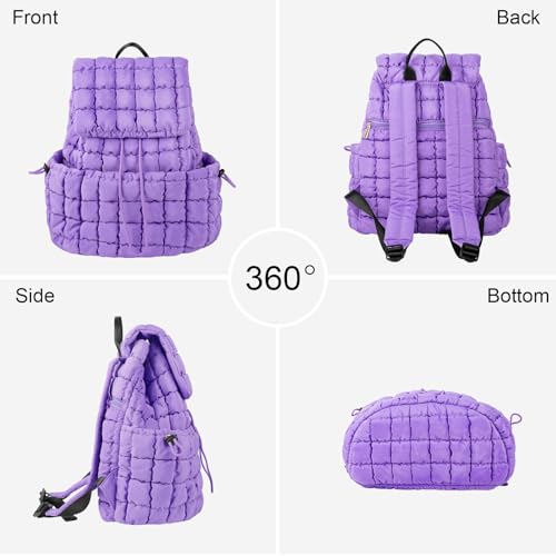 Quilted Travel Duffle Bag Gym Bag&Quilted Backpack Purse for Women,Large Puffer Duffle Weekender Bag Lightweight Puffer Puffy College Laptop Backpack with Compartment for Travel Gym Airplane(Purple)4
