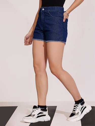 Image of Dolce Crudo Women's Relaxed Fit Mid-Rise Denim Shorts with Adjustable Waist & Frayed Hem