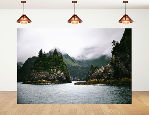 7x5ft Misty Fjord Backdrop with Forested Islands and Rugged Cliffs Photography Background for Alaskan Adventure and Nature Documentary Tapestry Decorations Banner Photo Booth Props