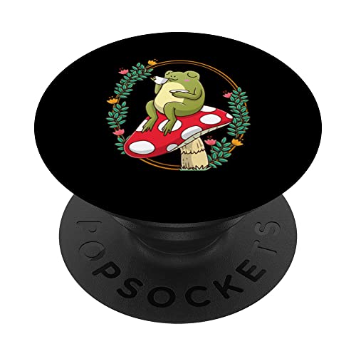 Frog Sipping Tea On Mushroom Cottagecore Kawaii Aesthetic PopSockets Swappable PopGrip, Black