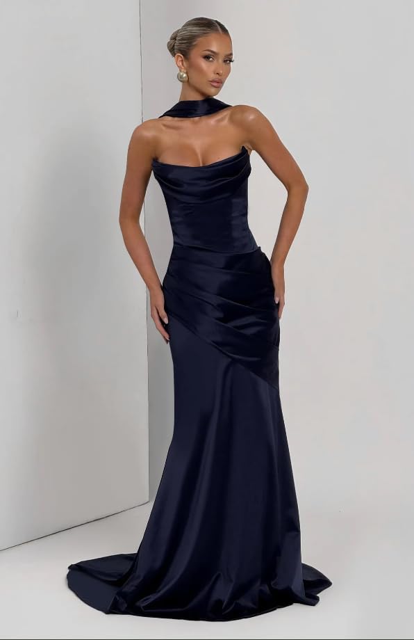Women's Satin Prom Dresses with Scarf Mermaid Long Strapless Formal Evening Party Gown3