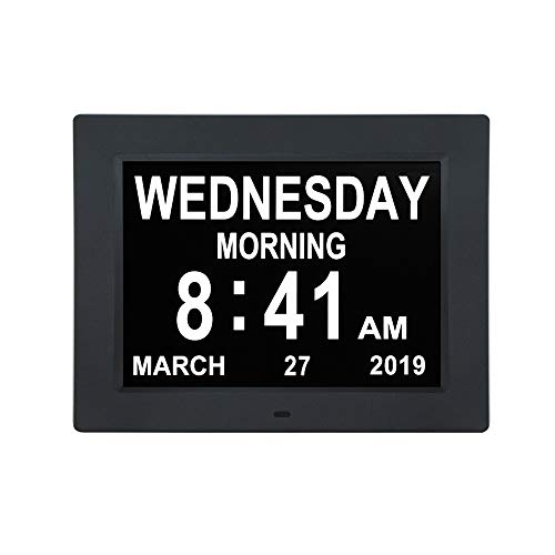 Digitaler Kalender Tag Uhr, Großer Schrift mit Nicht Abkürzungen Tag & Monat, Aufgerüstet - Senioren, Sehschwache und Alzheimer Patienten, mit 5 Alarm
