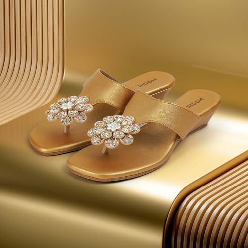 Image of Mochi Women's Rhinestone Flower Embellishment Wedge Sandals