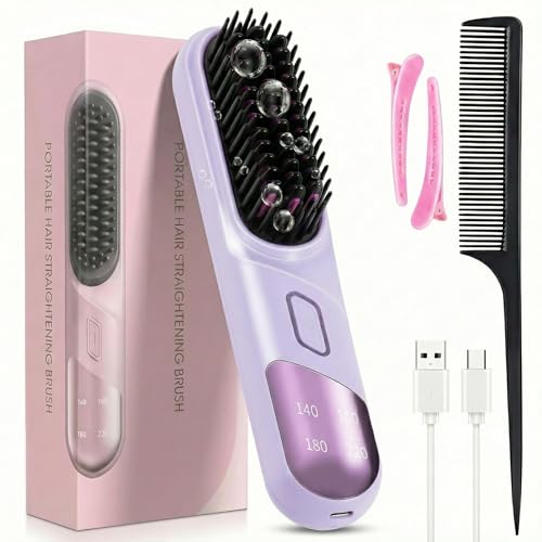 Go Brush Pro, 2026 Cordless Hair Straightener Brush 4 Adjustable Temperature 300 Million Negative Ions Portable USB Charging Travel Hair Straightener Suitable for All Hair Types (drak Purple)