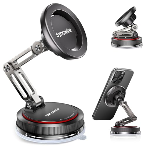 SYNCWIRE for MagSafe Car Mount [3-Axis] Nano Adhesive Gel + Strong Suction Cup Magnetic Phone Holder for Dashboard & Windshield 360 Adjustable for iPhone 17 16 15 14 13 12 Samsung Matte Black