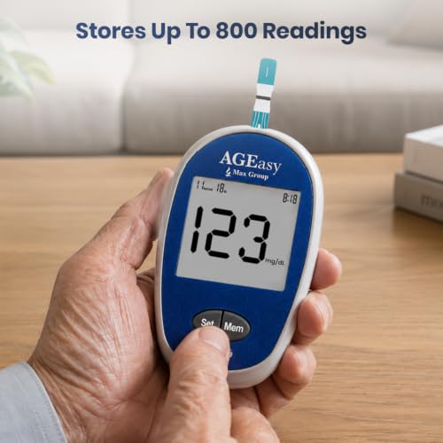Image of AGEasy (Max Group) Blood Glucose Monitor with 50 Strips | Accurate & Fast Diabetes Testing Kit | Large LCD Display, Easy to Use, Portable | Stores upto 800 Readings | One touch operation Glucometer