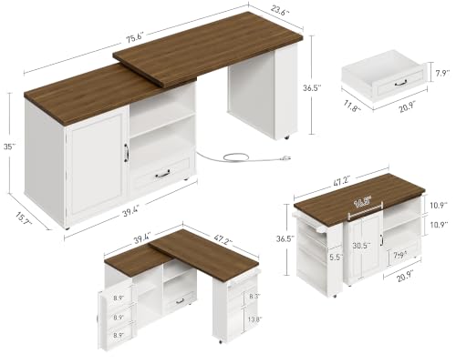 Image of RALGEND Rolling Kitchen Island with 360 Swivel Tabletop, Large Kitchen Island Table with Power Outlet, Mobile Kitchen Island Cart with Storage Cabinets for Kitchen & Office, White and Walnut