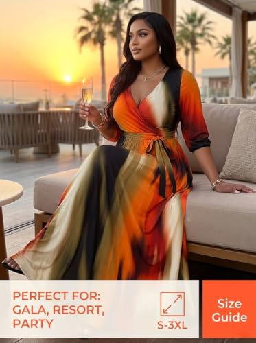 Image of Women's Church Maxi Wrap V Neck 3 /4 Sleeve Tie Waist Plus Size Long Dress | Flattering wrap V-neck design enhances curves. High elastic tie waist accentuates the slimmest part, hides tummy.