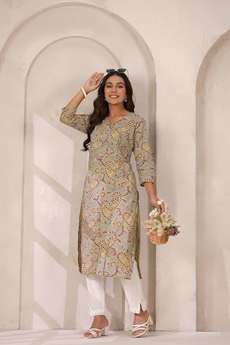 Image of Ichaa Women's Cotton Kurta | Printed Straight Kurta | V-Neck, 3 /4th Sleeve, Ethnic Wear