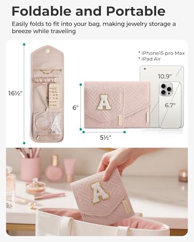 Image of BAGSMART Travel Jewelry Organizer Case C Initial Foldable Jewelry Roll for Journey Rings, Necklaces, Earrings, Bracelets,Mini,Letter K,Soft Pink