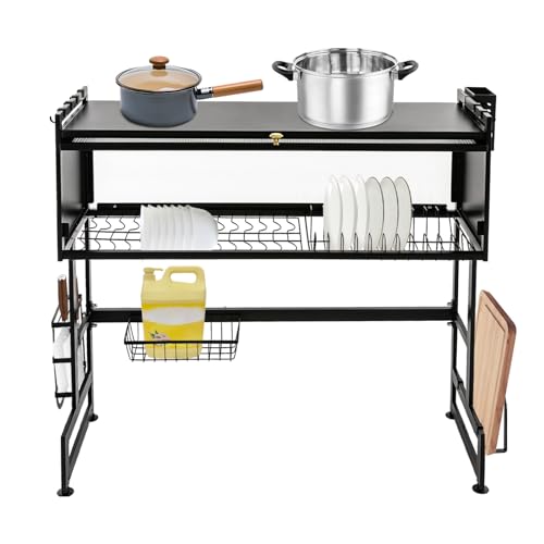 YIYIBYUS Extra Wide 85cm 2-Tier Dish Drainer Rack - Over Sink Countertop Organizer with Utensil Holders & Storage Cabinet, Heavy Duty Carbon Steel for Kitchen, Black