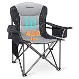 KingCamp Oversized Camping Folding Chair, Heavy Duty 450 LBS with Lumbar Support, Padded seat with Cup Holder&Cooler Bag, Ideal for Camp, Fishing, Sports Event, Backyard, Patio, Lawn (Lava Grey)