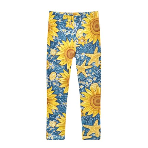 Vintage Yellow Starfish Sunflower Girls Leggings Soft Stretch Workout Yoga Dance Pants for Kids Casual Tights