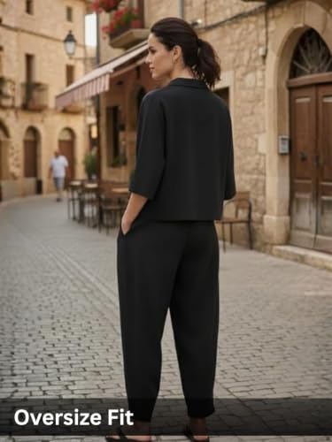 Image of GRECIILOOKS Co Ord Set for Women Stylish | Relaxed Fit Cotton Cord Set for Woman's | Breathable Oversized Top & Baggy Pants | Dress for Woman | 2-piece Matching Tunic and Trouser Set