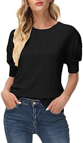 Casual Puff Short Sleeve Blouse for Women Pullover Shirt Black Sweater Top S