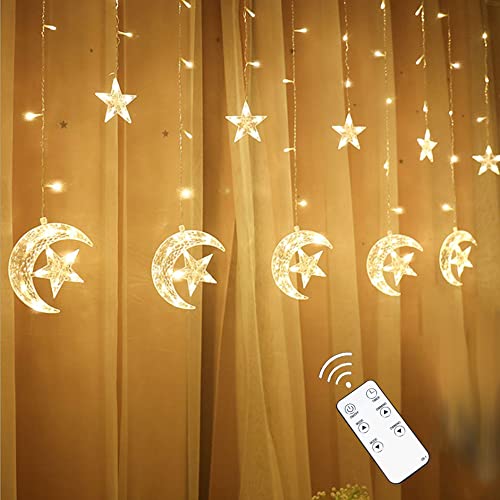 FUCHSUN $$$ Curtain String Light LED Icicle Light Transparent Strand 8 Modes Waterproof Indoor Outdoor Home Decorative Lights Crescents and Stars (Moon&Star)