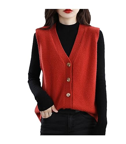 Mnjyihy Women's Loose Knit Sweater Tank Top Ladies V Neck Solid Color Button Sleeveless Wool Sweater Vermilion S