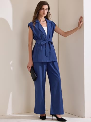 Allegra K Women's 2 Piece Pant Suit Set Sleeveless Long Vest and Wide Leg Pants Business Casual Blazer Suitsets2