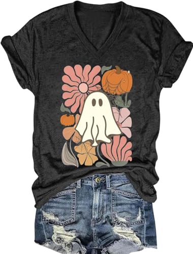 Women's V-Neck Graphic T-Shirts Boho Floral Short Sleeve Watercolor Print Tee Cute Vintage Summer Casual Tops (Small, Dark Gray-2)