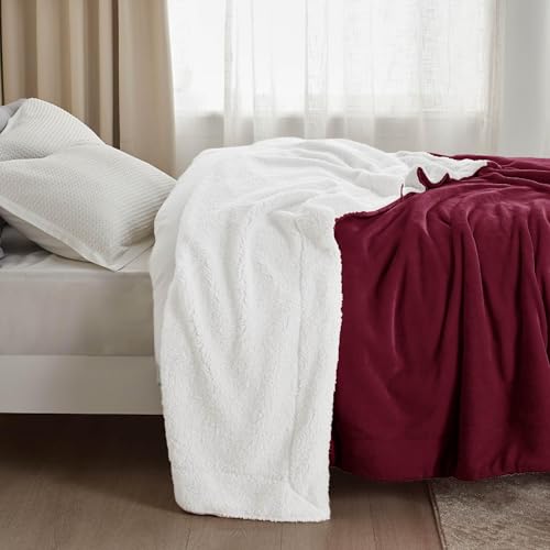 Image of Bedsure GentleSoft Sherpa Fleece Blanket Queen Size for Bed, Non-Heated, Thick and Warm Throw for Girls and Women, Soft Fuzzy Plush Queen Blanket for Winter, Burgundy, 90x90 Inches
