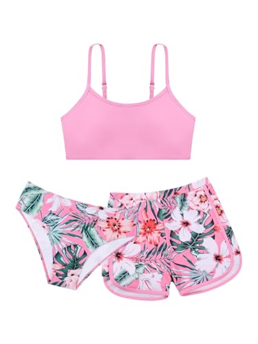Image of Girls Swimsuit 3 Piece Bathing Suit Printed Sport Bikini Set with Shorts Summer Beach Swimwear for Teen Girls 9-16T