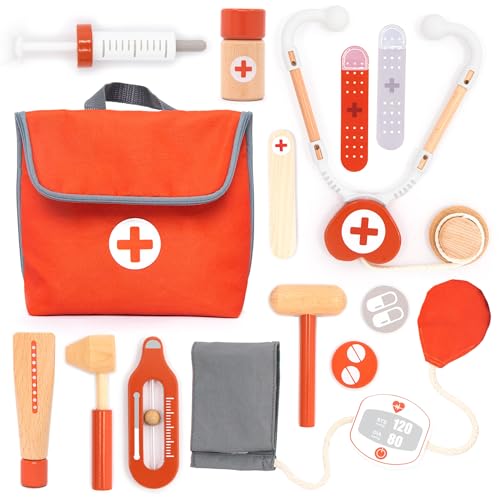 UMU Wooden Mini Doctor Kit for Kids 14 pcs Medical Playset for Toddlers with Stethoscope Syringe Doctor Bag Blood Pressure Cuff & More Pretend Play Set for Boys and Girls Ages 3 4 5 6