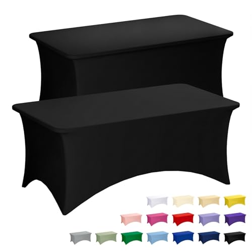 Fixwal 2 Pack 6FT Black Tablecloth Rectangle Spandex Fitted Table Cover