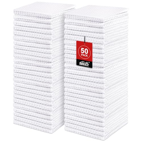 HOMEXCEL Waffle Weave Microfiber Towel 50 Pack Lint Free Bulk Cleaning Rags 12 x 12 Inches Barista Towels Reusable Microfiber Cleaning Cloth for Household Kitchen Glass and Window White