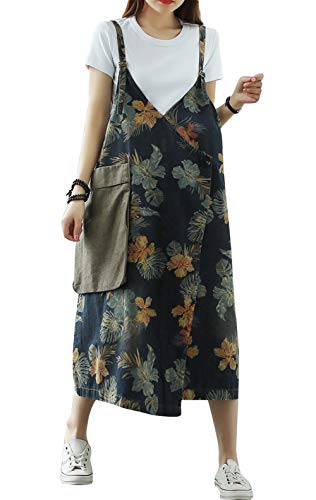 Women's Baggy Denim Overalls Dress Swing Skirt Color Block Stitched Scratch Distressed Dress (Large, Style 5 Dark Blue)