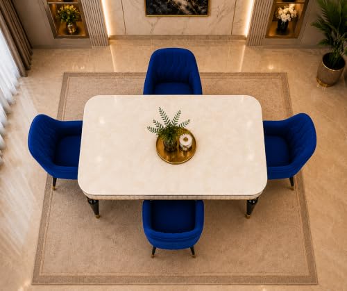 Image of 4 Seater Dining Table Set with Nano Composite Marble Top, Solid Wood Base & 4 Upholstered Chairs, Modern Dining Table Set for Home & Dining Room Furniture (Blue, White Marble Top, 4 Seater)