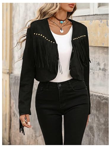 Floerns Women's Western Faux Suede Open Front Jacket Fringe Beaded Long Sleeve Crop Coat2