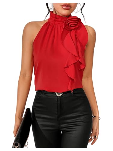 Women's Summer Halter Tops Floral Appliques Sleeveless Work Shirts Blouses for Women Dressy Casual4