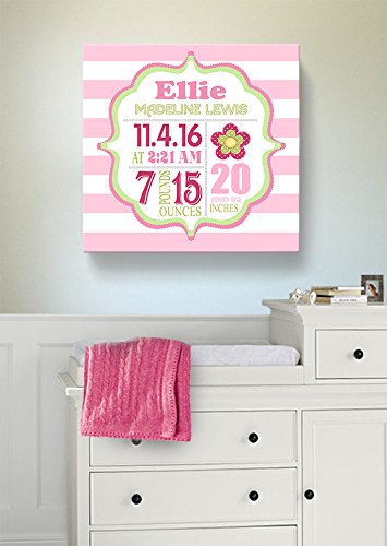 Personalized Stretched Canvas Birth Announcement Gift, Custom Baby Name, Date, Weight Stats, Newborn Flower Nursery Wall Art Decor, Wooden Frame Construction, Ready to Hang 24X24