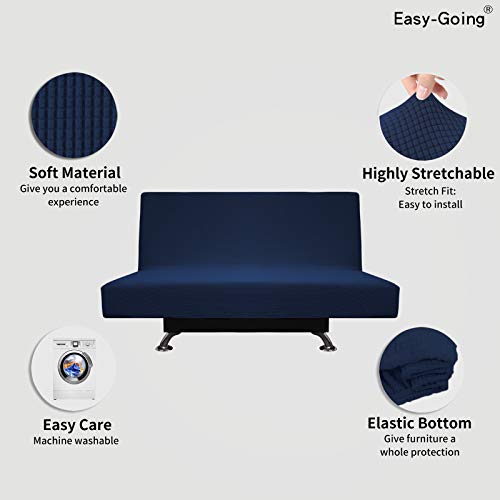 Image of Easy-Going Stretch Medium Futon Slipcover Armless Futon Cover Navy | Sofa Bed Furniture Protector Without Armrests with Elastic Bottom for Kids, Soft Jacquard Machine Washable