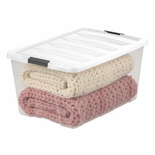 Image of IRIS USA 94 Qt Stackable Plastic Storage Bins with Lids, 4 Pack - BPA-Free, Made in USA - See-Through Organizing Solution, Latches, Durable Nestable Containers, Secure Pull Handle - Clear /White