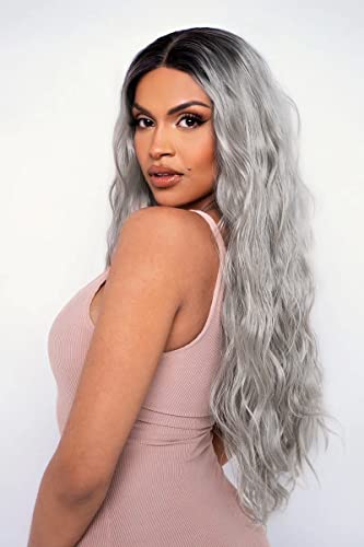 PORSMEER Long Ash Grey Blonde Wavy Curly Wigs for Women Middle Part Natural Looking Synthetic Heat Resistant Hair Ombre Wigs with Dark Roots for Ladies UK Daily or Halloween Party 30 inch - Image 3