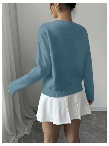 Image of RoseSeek Women's 3D Floral Appliques Crewneck Sweaters Long Sleeve Drop Shoulder Pullovers Elegant Knit Tops