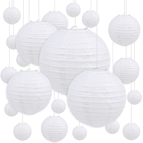DERAYEE 10 Stück weiße Papierlaternen, rund Lampenschirm mit 15m elastischer Fischseidenfaden für Hochzeit Party usw. Dekoration Cover