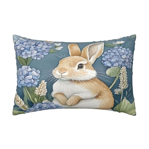 Easter Bunny Hydrangea Satin Pillowcase Blue Rabbit Silk Pillow Cases for Hair and Skin Slipping Body Pillow Cover with Zipper Queen Size 20x30 Pillowcase Decorative for Kids Bedroom